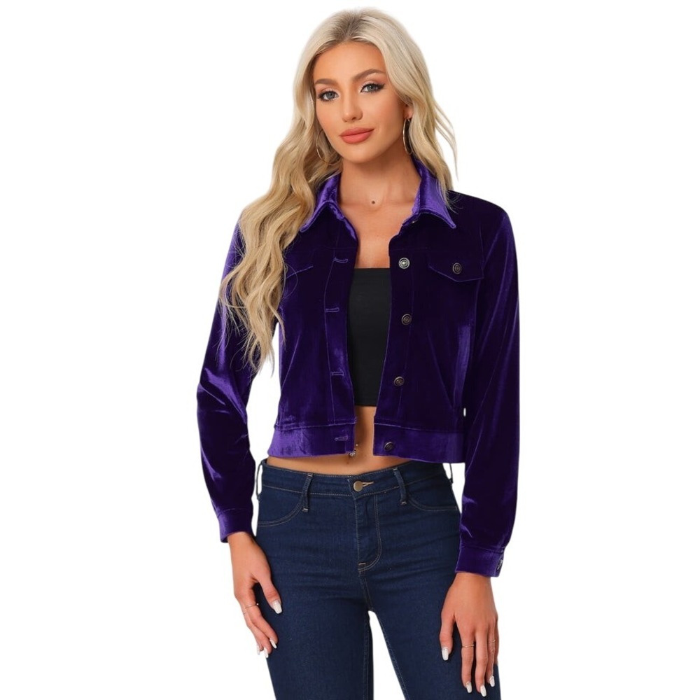 Allegra K Purple Velvet Cropped Jacket Large Button Down Collared Coat NWT